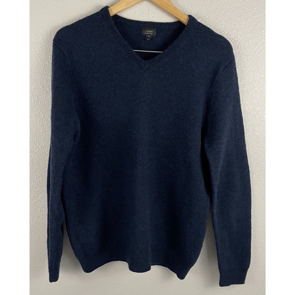 J Crew Mens M Merino Wool Blue V Neck Sweater Brown Elbow Patches Heritage